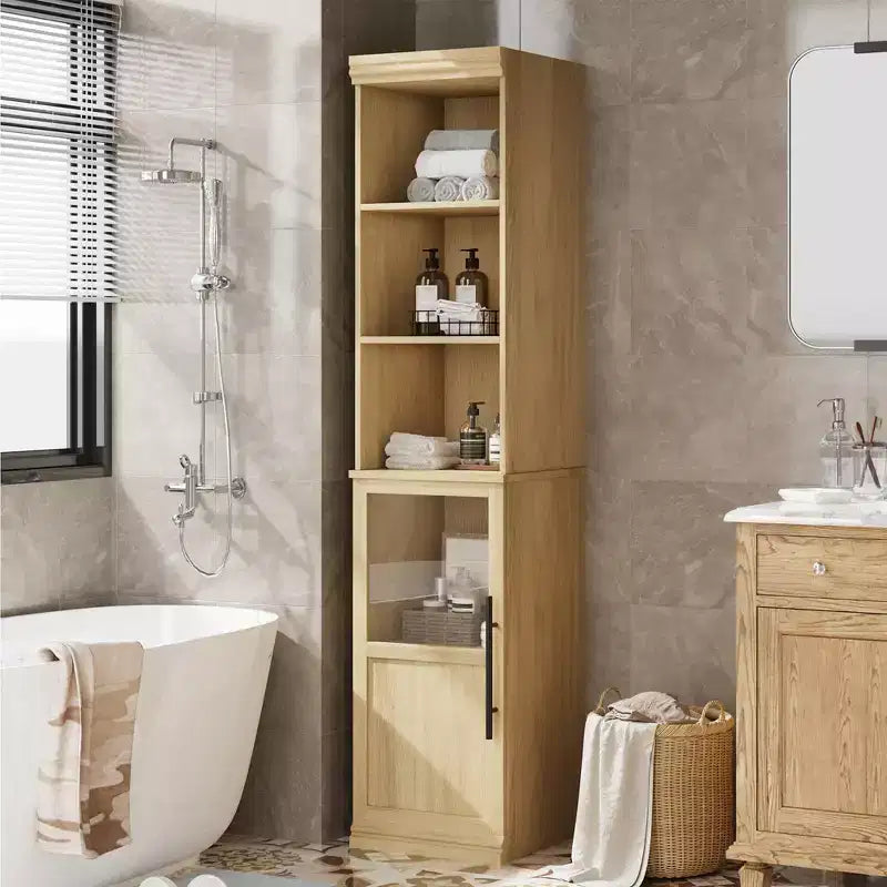 Tall Storage Cabinet with Glass Door, 70 Bathroom Storage Cabinet with Adjustable Shelves for Small Spaces