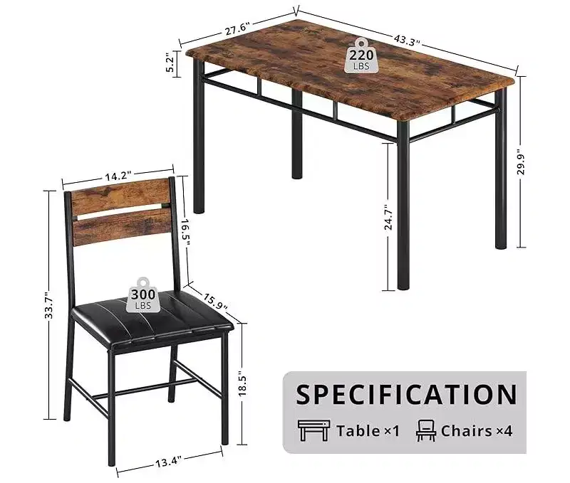 5 Piece Dining Table Set, Wooden Industrial Rectangular Kitchen Dinner Table w/ 4 Upholstered High Back Chairs Set, for Kitchen, Apartment