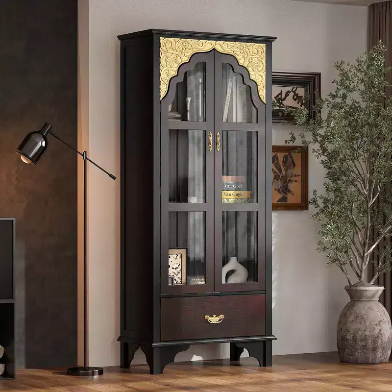 Famapy Dark Brown Ornate Storage Cabinet  Glass-Door Display + Bottom Drawer