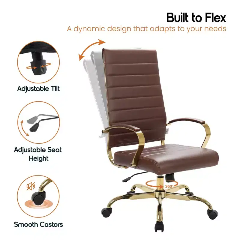 LeisureMod Benmar High-Back Ribbed Leather Office Chair - Modern Swivel & Tilt Executive Desk Chair - Gold Base
