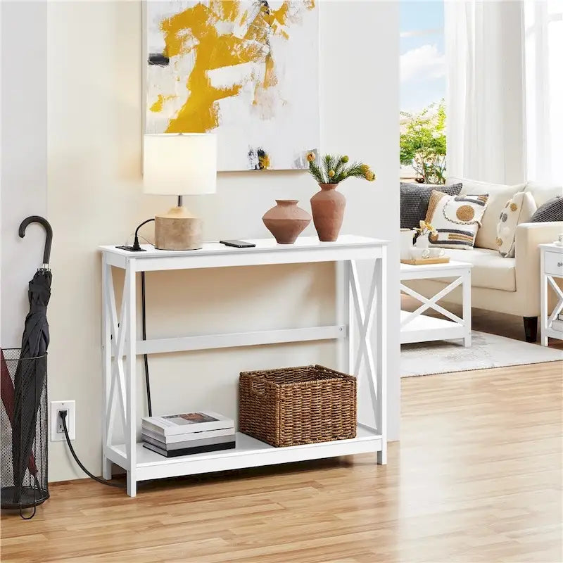 2-Tier Narrow Sofa Console Table with Built-In Power Outlet