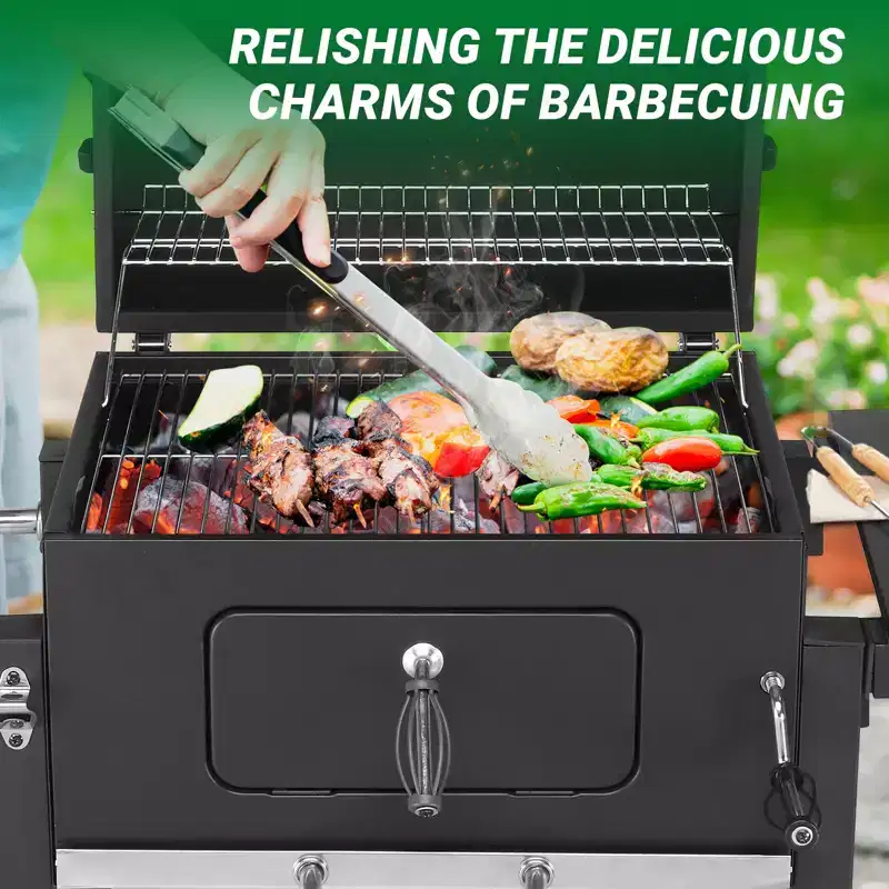 Charcoal Grill with Foldable Side Table and Wheels, Heavy-duty BBQ Grill for Outdoor Picnics Patio Garden and Backyard Grilling