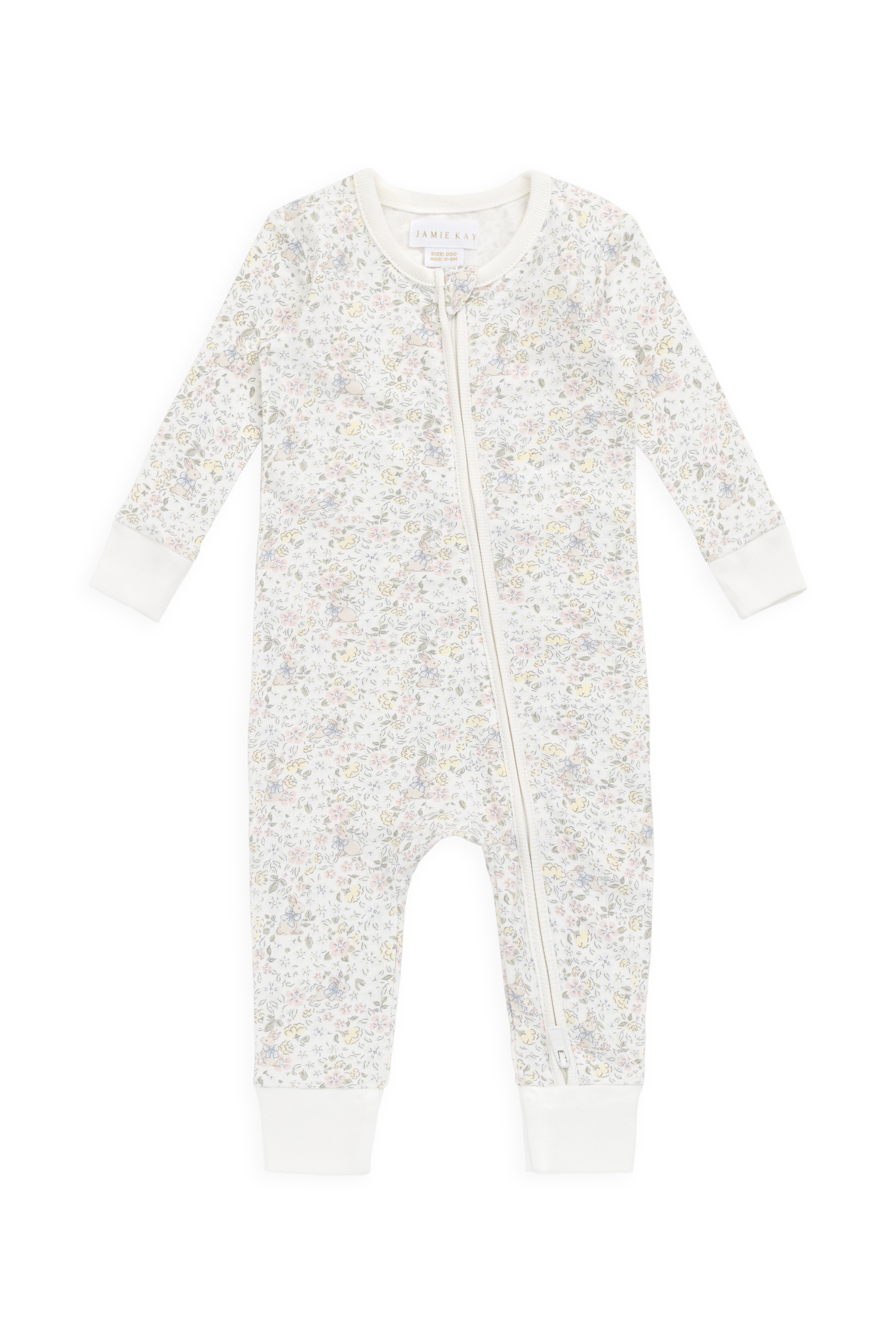 Delicate Neutral Scattered Floral Organic Cotton-Elastane Onepiece with Full-Length Front Zip for Baby Daily Wear (0�C3Y)