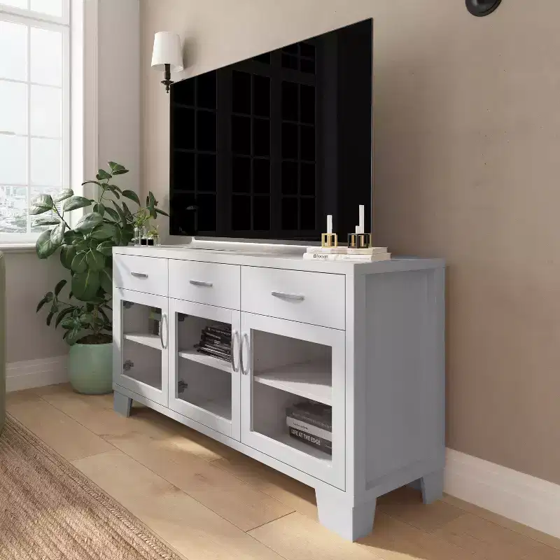 3-Drawer Engineered Wood Buffet Sideboard Cabinet with Tempered Glass Doors