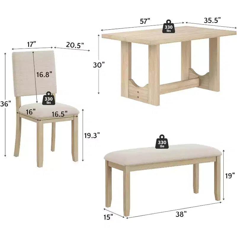 Zevemomo 6-Piece Dining Table Set with 4 Upholstered Chairs and 1 Bench, U-Shaped Base, for Dining Room, Kitchen, Restaurant, Beige