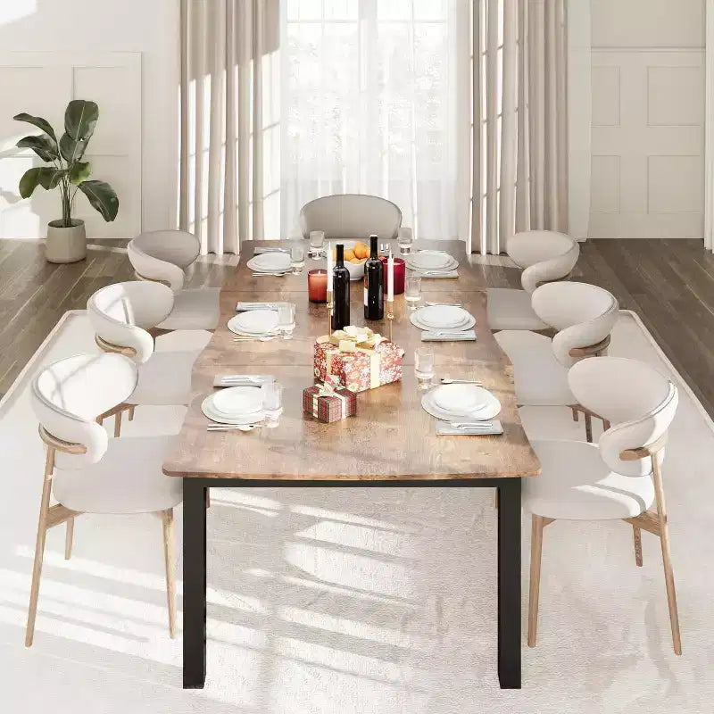A 6-10 person dining table with a metal frame, waterproof and scratch-resistant, suitable for dining rooms and offices.