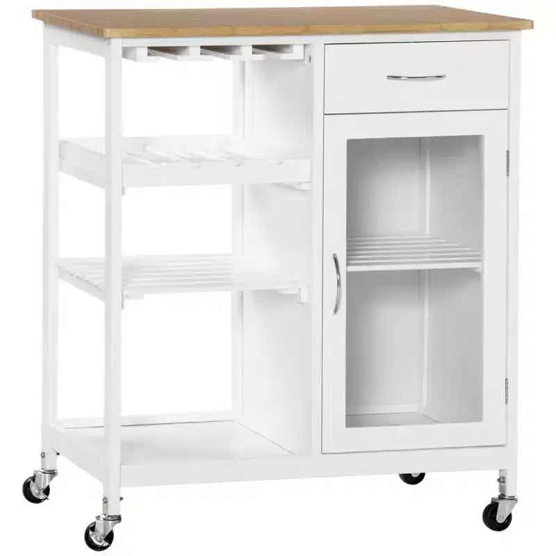 FAMYYT White Bamboo Wood Top 19 in. Kitchen Island with 4-bottle Wine Rack, Bar Cart with Stemware Holder, Drawer and Cabinet