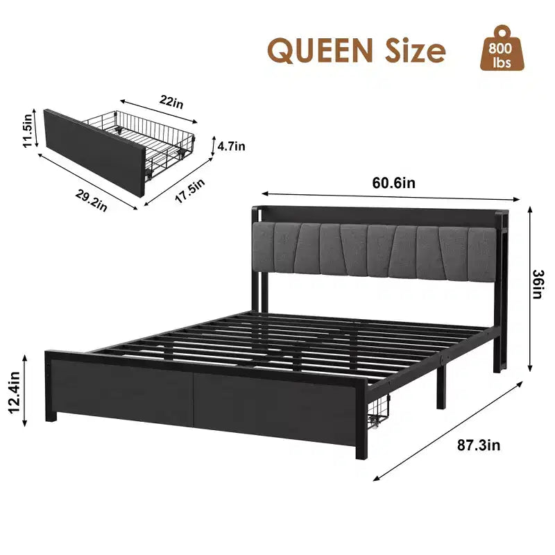 Metal bed frame with storage headboard, drawers and charging station; springless mattress frame; full size.