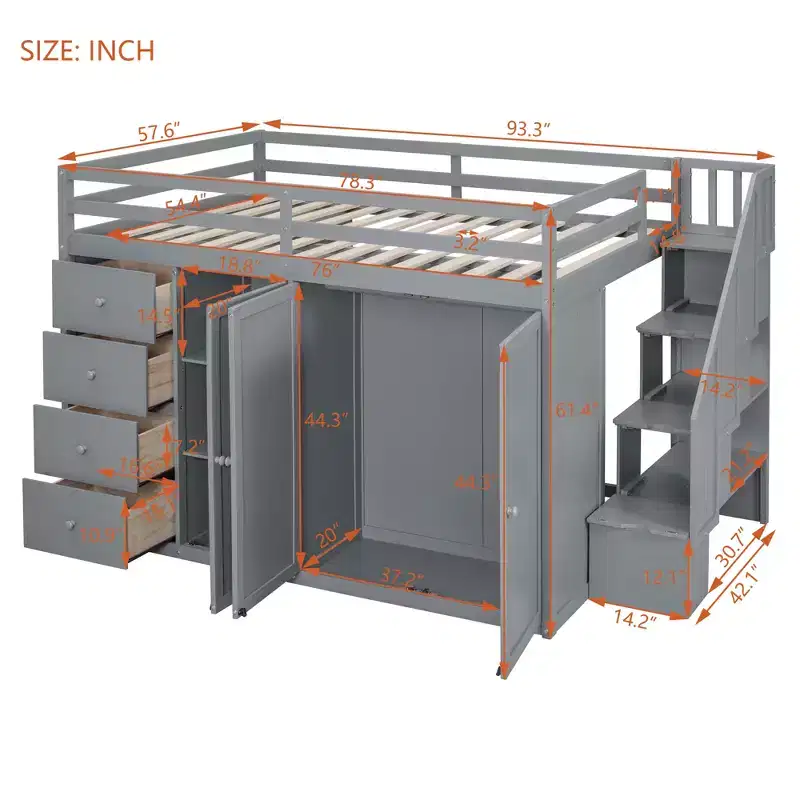 Teddy Fleece Full Size Loft Bed with Storage Shelf and Drawers, Wooden High Loft Bed with Versatile Desk for Bedroom