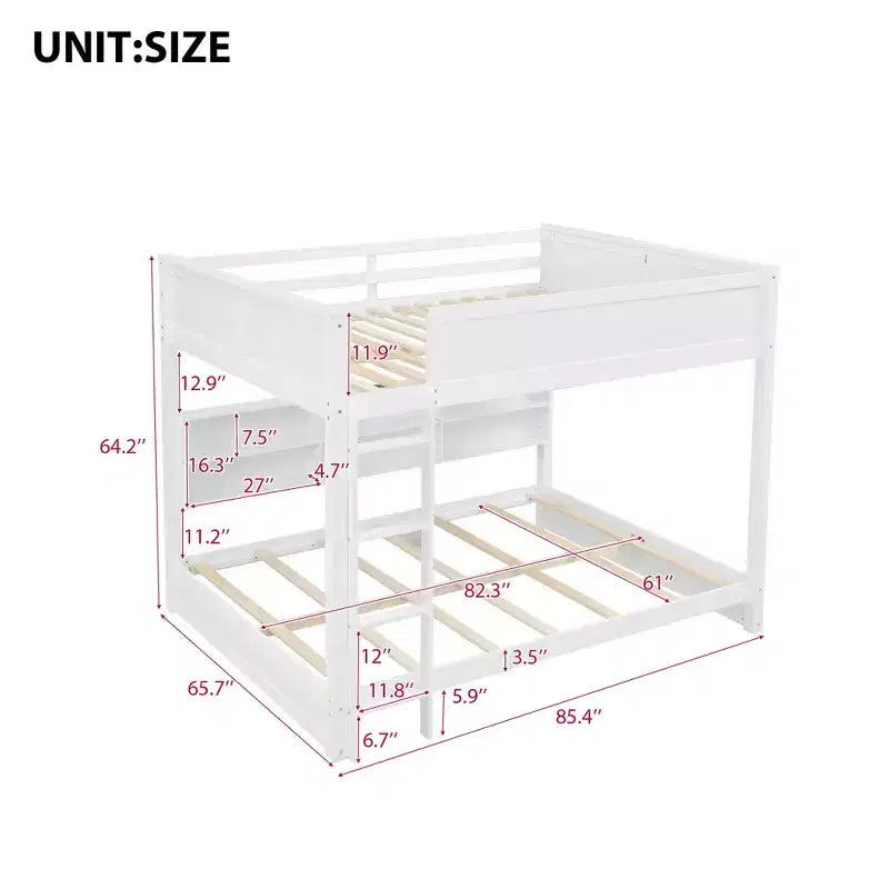 Bellemave Queen over Queen Bunk Bed with Storage Cabinets and USB Ports, White