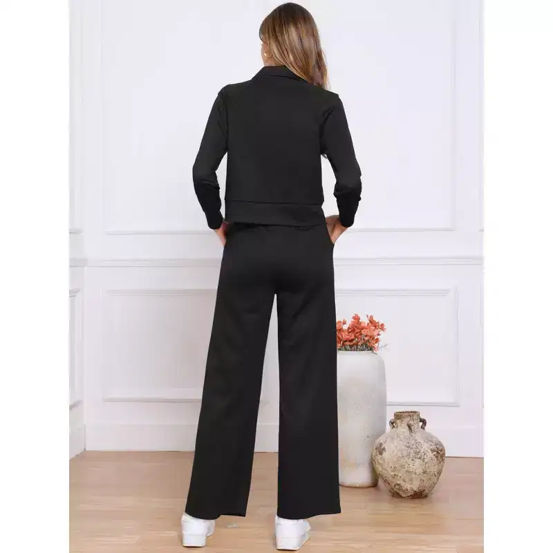 INSPIRE CHIC Women's Half Zip Crop with Stylish Collar and Wide Leg Pants Casual Sweatshirts Tracksuit Set