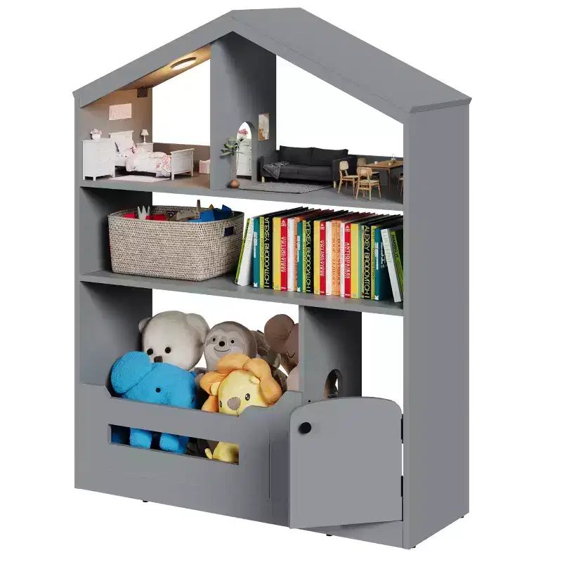 Kids Bookshelf, Toy Storage Organizer, Wooden Toddler Bookcase with Motion Sensor Light, Dollhouse Bookshelf for Bedroom, Classroom, Kindergarten