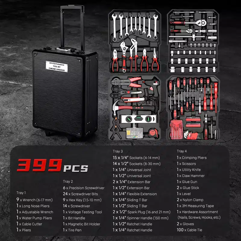 399-Piece Home Tool Set with Rolling Toolbox, Chrome Vanadium Steel