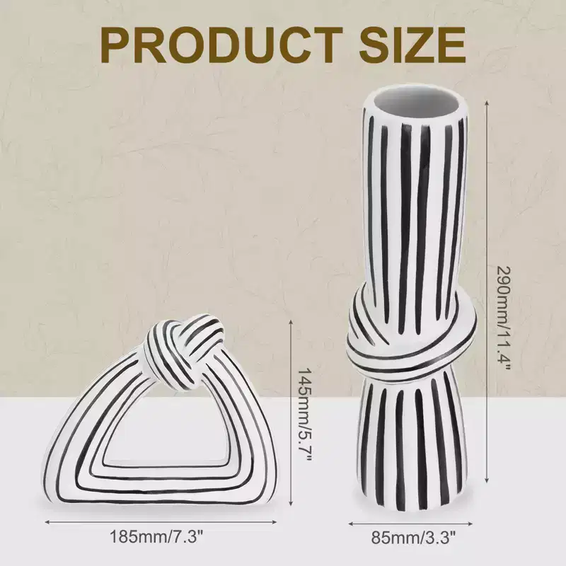 Unique Bargains Ceramic Office Home Decorative Striped Knot Vase and Ornament Set Black and White