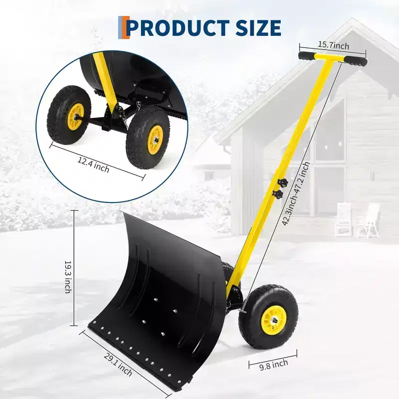 Snow Shovel with Wheels,29.1 W x 19.3 H Heavy Duty Snow Pusher for Driveway with Snow Removal Adjustable Angle & Height Handle for Driveway