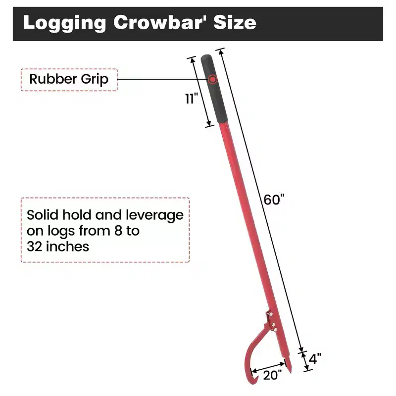 61 in Felled Cant Hook Logging Tool with Rubber Grip and Adjustable Hook - Cant Hook Log Roller Tool