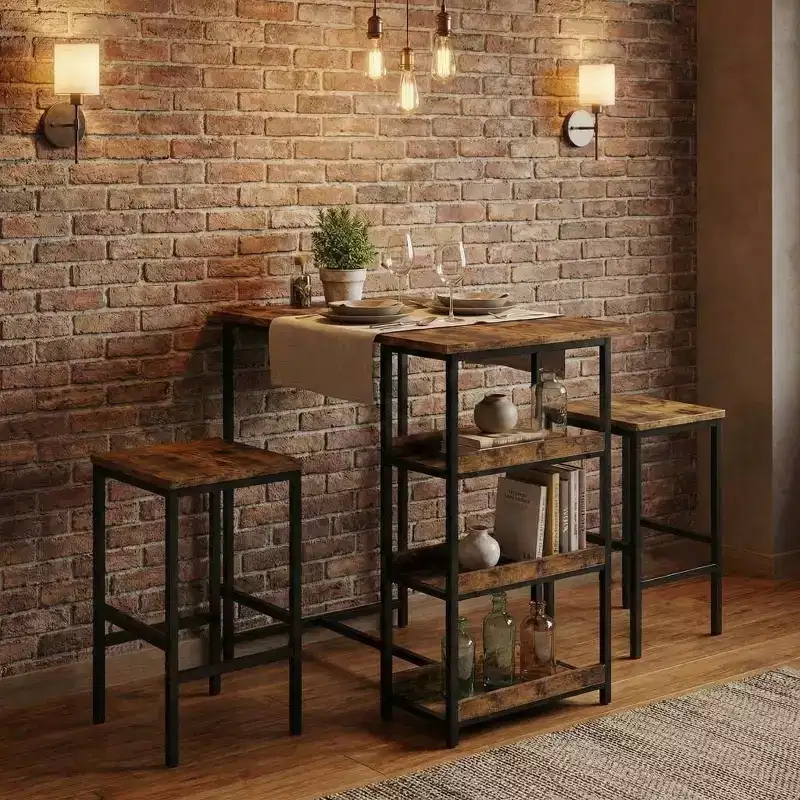 3-Piece Kitchen Table Set with Storage Shelves & 2 Bar Stools - Iron and Wood Dining Table for Condos ,Apartments,Small Spaces