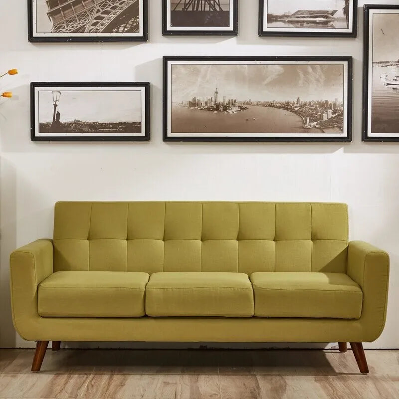 Linen Upholstered Tufted Mid-Century Sofa