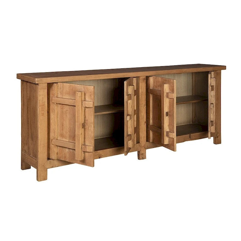 4-Door Sideboard Reclaimed Elm Wood Storage Cabinet with Unique Latch Design