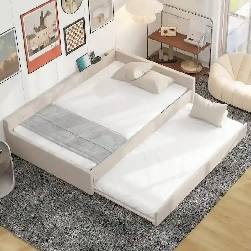 Full Size Upholstered Platform Bed with Twin Trundle & USB Ports | Linen | Beige