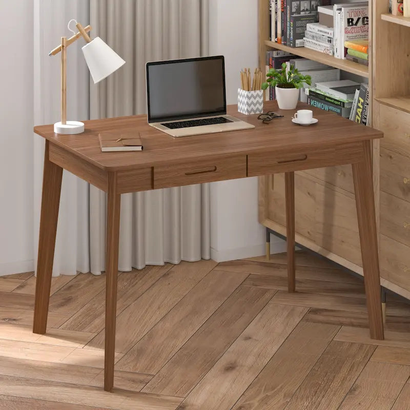 39.4 Inch Simple Writing Desk with Drawers and Solid Wood Legs