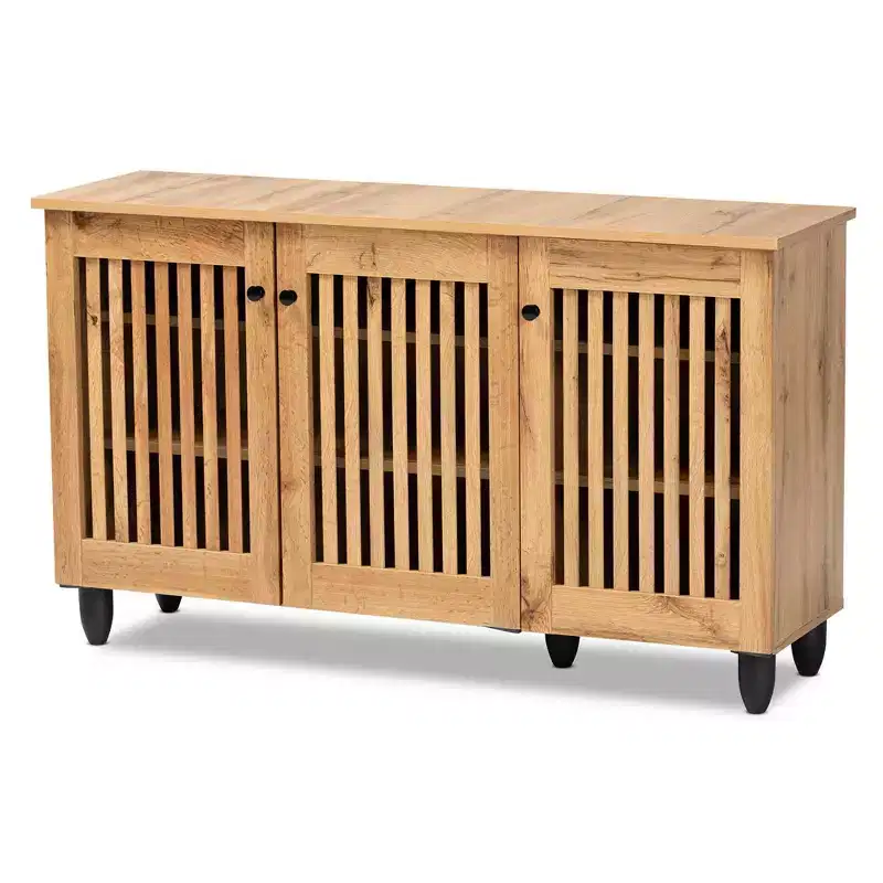 Wood 3 Door Cabinet Oak Brown/Black: Fixed Shelves, Shoe Organizer, 6-Tier Storage