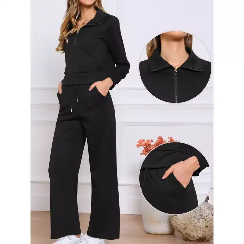 INSPIRE CHIC Women's Half Zip Crop with Stylish Collar and Wide Leg Pants Casual Sweatshirts Tracksuit Set