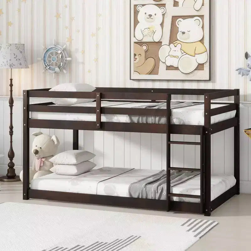 Okak Twin Over Twin Floor Bunk Bed with Ladder & Strengthened Slats,Modern Rubber Wood Bed Frame for Kids Room,Bedroom
