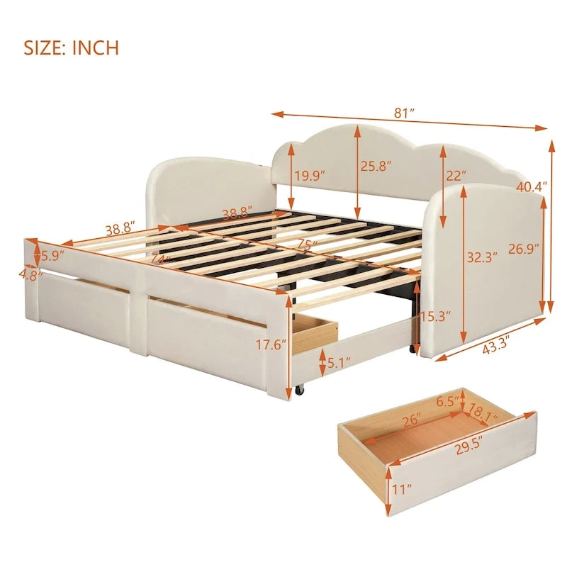 Twin Cloud Velvet Daybed with Trundle and Drawers
