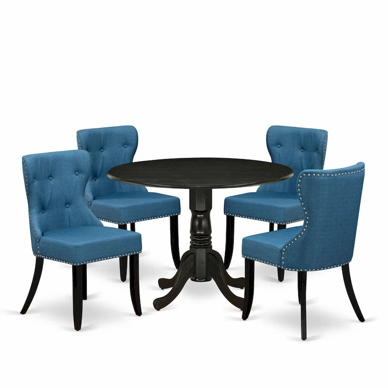 Kitchen Table Set- a Round Dining Table and Blue Linen Fabric Chairs, Wire brushed Black (Pieces Option)