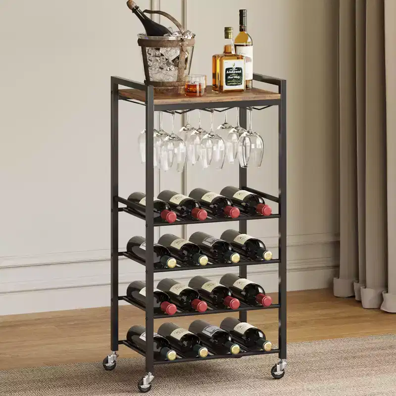 5-Tier Wine Rack Freestanding Bar Cart with Glass Holder and Wheels