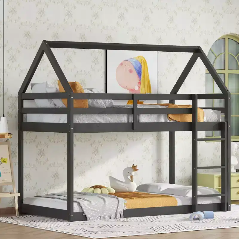 Twin over Twin House Bunk Bed for Kids Teens, Wood Floor Bunk Bed Frame with Guardrails and Ladder