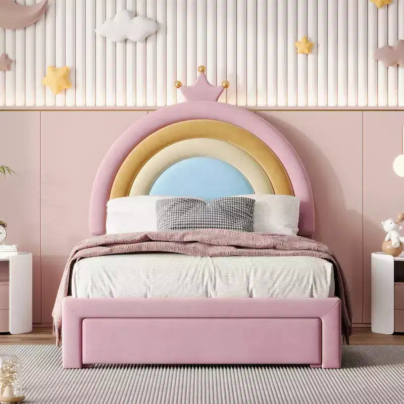 Bellemave Upholstered Princess Platform Bed Frame with Storage Drawers, Rabbit Headboard & LED Lights, Pink, Twin/Full Size Girls Bed