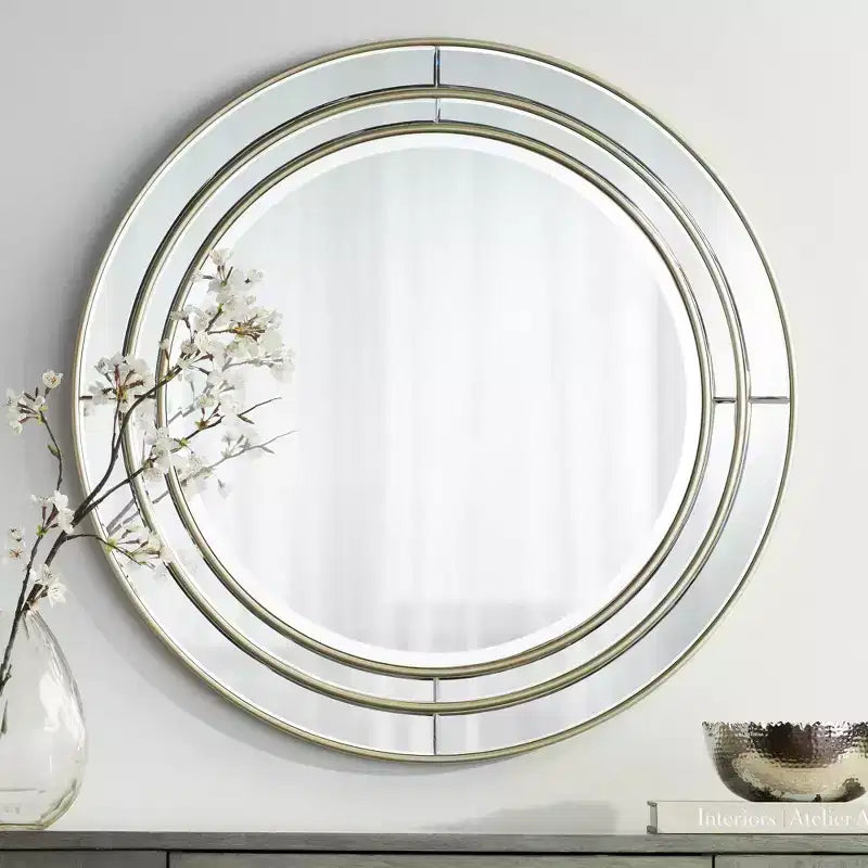 Noble Park San Simeon Round Vanity Decorative Wall Mirror Modern Beveled Glass Matte Champagne Frame 31 3/4 Wide for Bathroom Bedroom House Entryway