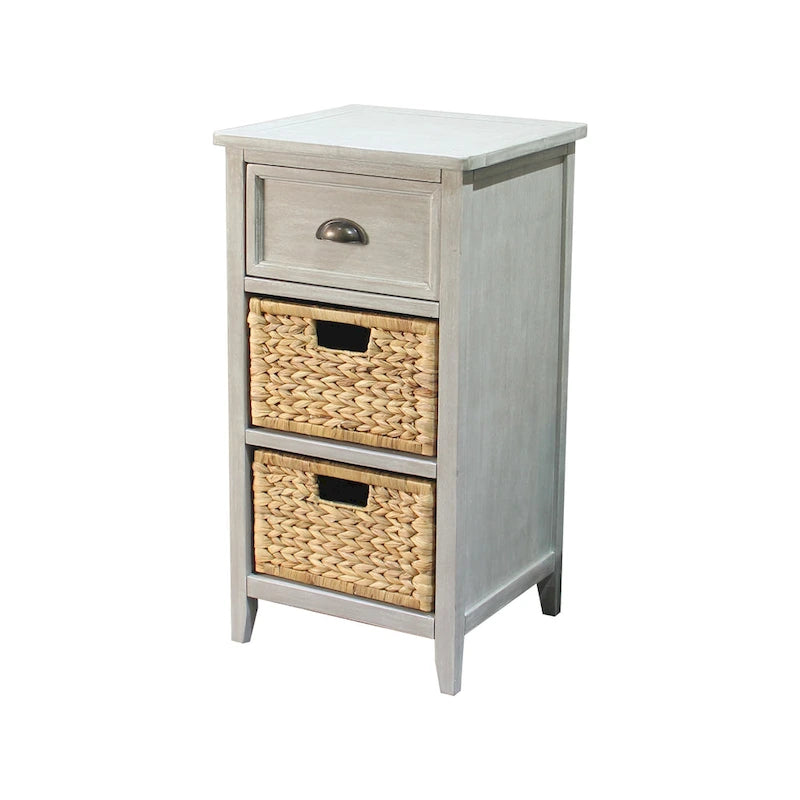 Solid Wood & Water Hyacinth 1-Drawer Grey Accent Cabinet