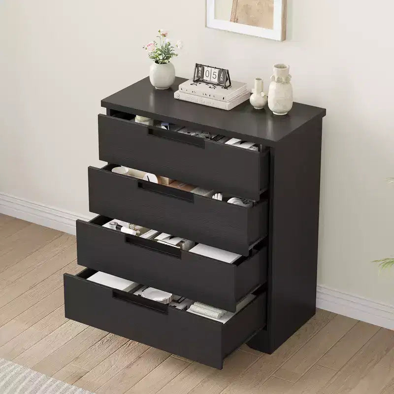 4 Drawer Dresser for Bedroom, Black Chest of Drawer Nightstand with Embedded Handles, Wooden Dresser Organizer for Living Room Nursery Entryway Closet