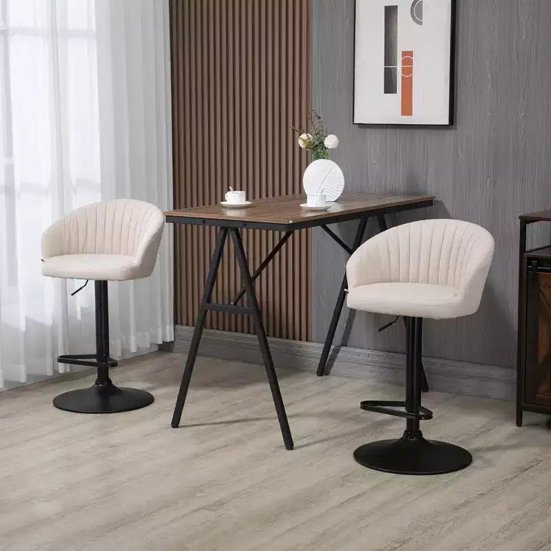 HOMCOM Adjustable Bar Stools Upholstered Kitchen Stools with Linen Touch Fabric, Steel Frame, Set of 2, Beige and Black
