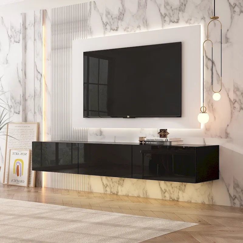 63 Floating TV Stand with LED Lights, Wall Mount High Gloss
