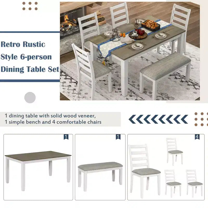6 PCS Rustic Wood Dining Table Set, Rectangular Table with 4 Chairs & Bench-ModernLuxe