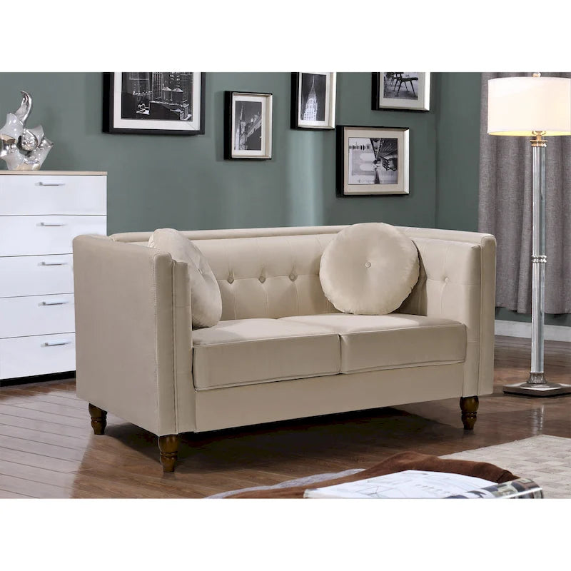 Crushed Velvet Loveseat with Button-Tufted Back and Bolster Pillows