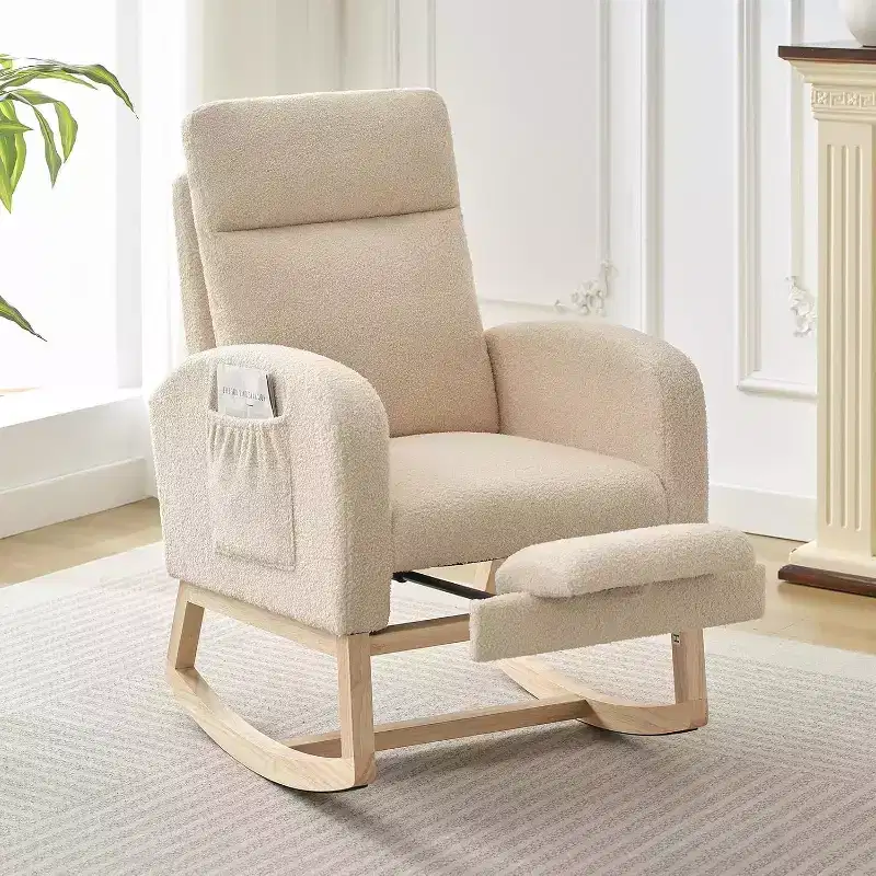 Rocking Chair Nursery Chair with Foot Rest, Recliner Armchair with High Backrest& Wood Legs and Side Pocket for Living Room, Bedroom,Grey