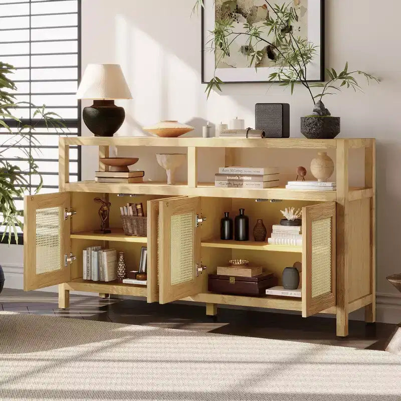 Bohemian Rattan Sideboard with Adjustable Shelves & Solid Wood Frame, Natural