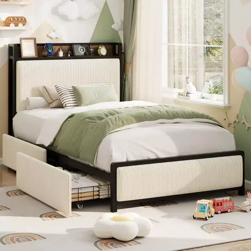 Upholstered Bed Frame with Storage, 2 Drawers Charging Station Steel Slats No Box Spring
