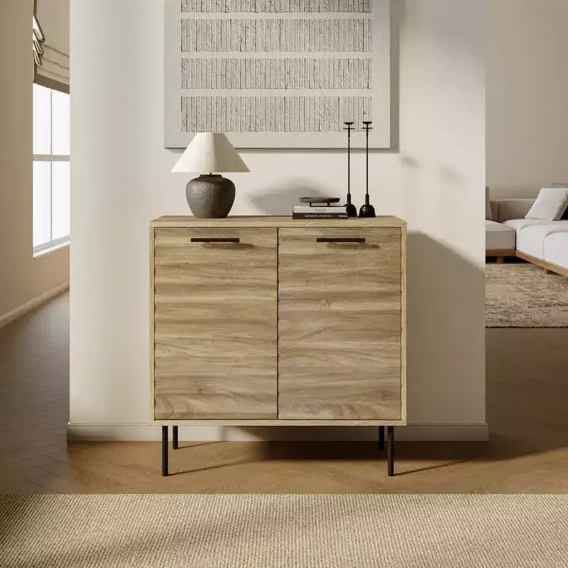 Mid-Century Modern Wave 2-Door Cabinet with Metal Legs, Natural, 31.5