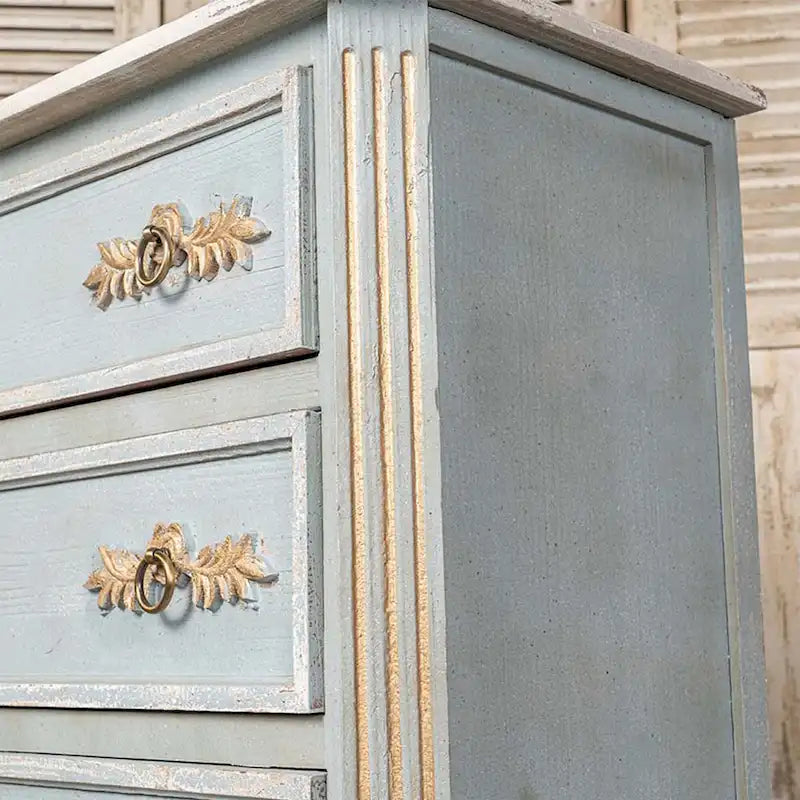 Distressed Light Blue Cream Top 2-Drawer Wood Cabinet with Gold Accents