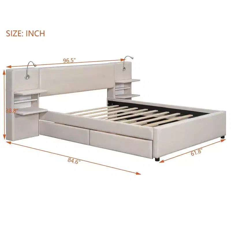 Luxystar Queen Size Upholstered Platform Bed with Flip-up storage Headboard, Reading Lights, 2 Drawers, Shelves and Trundle