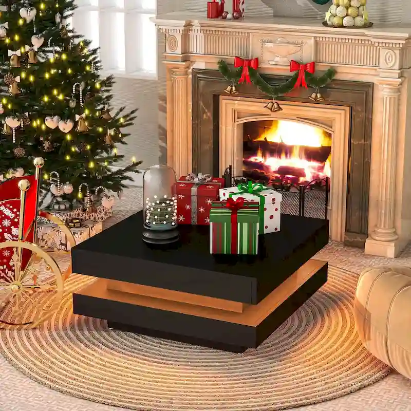 High Gloss Minimalist Design 2-Tier Square Coffee Table with Plug-in 16-color LED Lights Center Table for Living Room