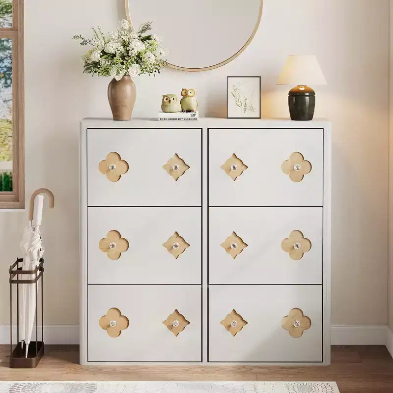 Wooden Shoe Cabinet with 6 Flip Drawers Adjustable Shelves Flower Pattern Diamond Handle Freestanding Slim Storage Organizer for Entryway
