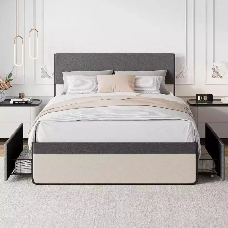 Whizmax Two Size Platform Bed Frame with 2 Storage Drawers, Fabric Upholstered, No Box Spring Needed, Noise Free, Easy Assembly, Gray