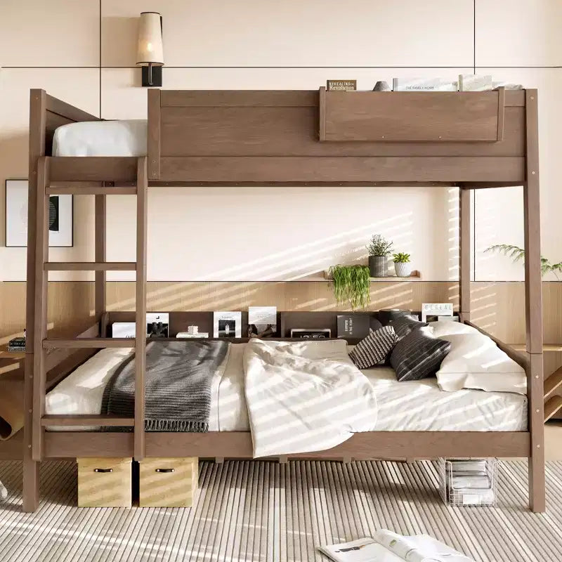 Bellemave Queen Over Queen Bunk Bed with Bookshelf Storage, Detachable Bunk Bed with Ladder and Guardrails, No Box Spring Needed